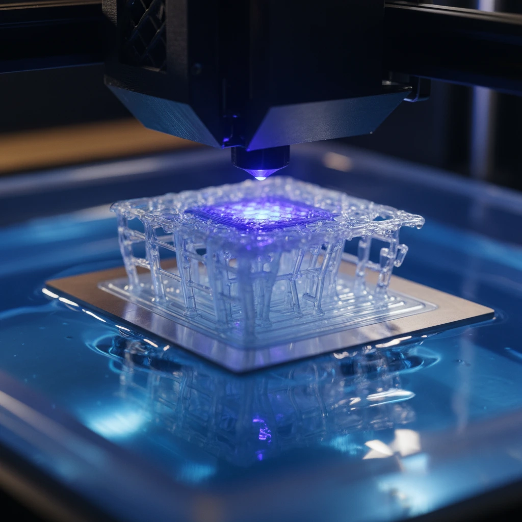 Erkennbar ist die Funktionsweise eines SLA Druckers, der aus einem Resin Tank ein 3D Obejtkt erzeugt