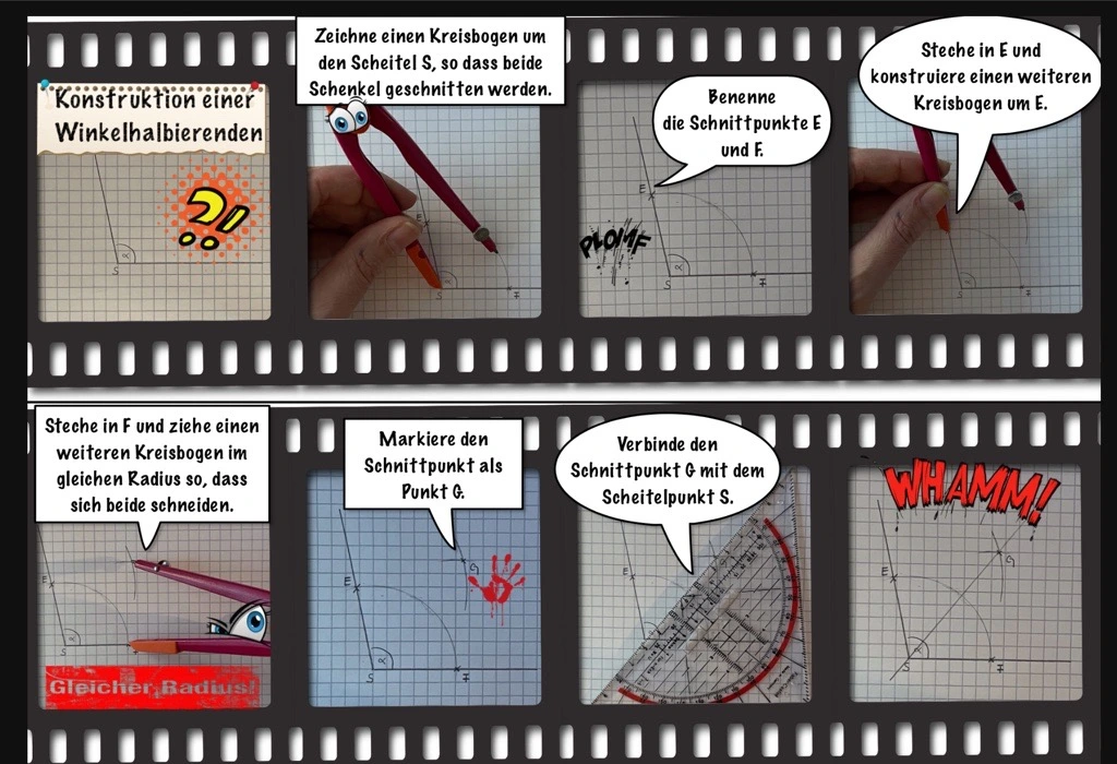 Comicanleitung zur Konstruktion einer Winkelhalbierenden - Schülerprodukt