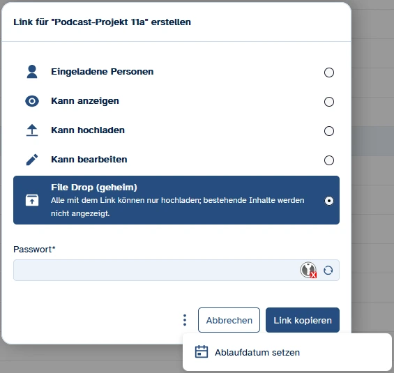 Screenshot, der die Rechteverwaltung beim Erstellen eines Freigabe-Links für einen Abgabe-Ordner in ByCS-Drive zeigt, in welchen die Schülerinnen und Schüler Dateien hochladen können, aber den Inhalt des Ordners nicht einsehen können.